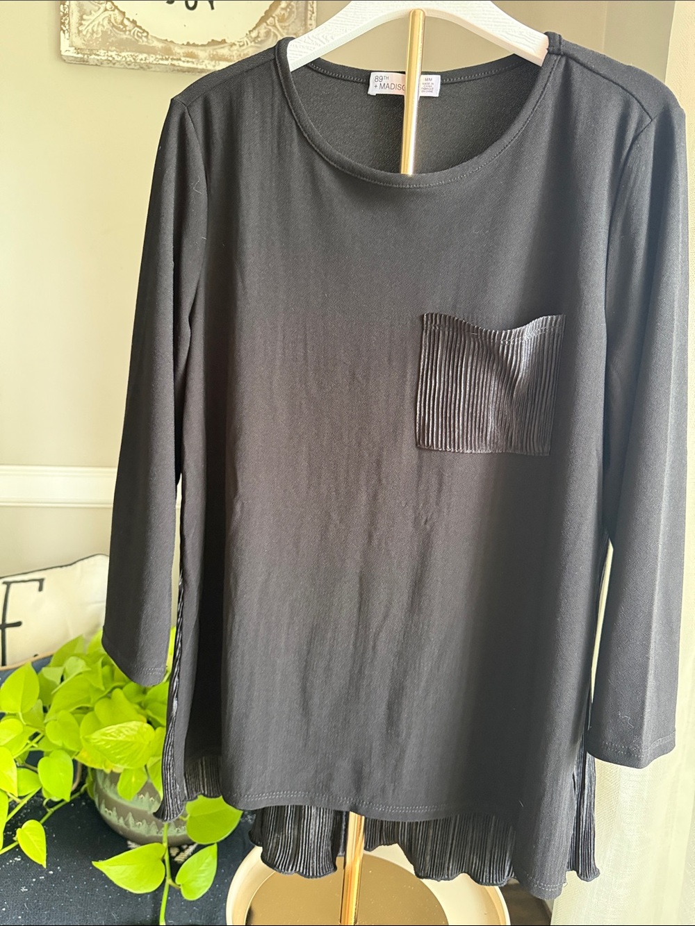 Black Long Sleeve Top with Pleated/Silky Chest Pocket
